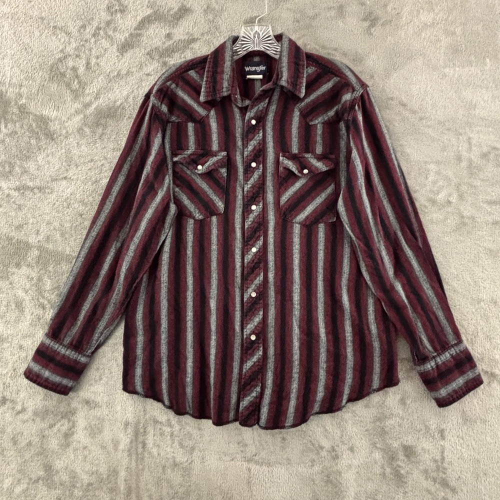 Wrangler Western‎ Light Flannel Pearl Snap Shirt Mens L Red Black Stripe 75098AS